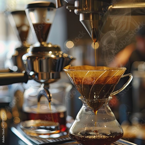 A close-up of a drip coffee process capturing the precision and care in brewing