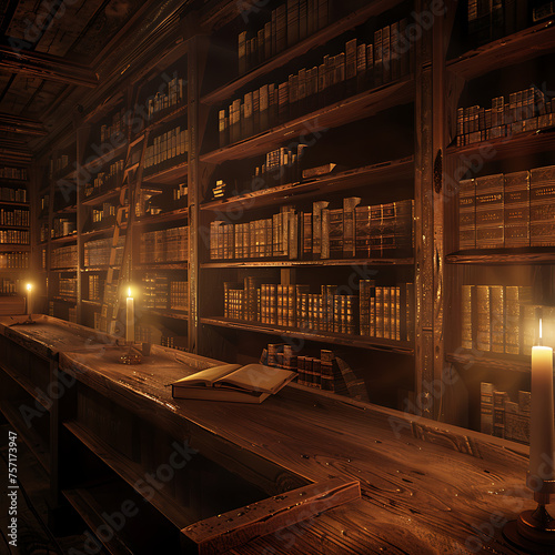 A digital rendering of an ancient library illuminated by soft candlelight  with dusty tomes lining weathered shelves  evoking a sense of nostalgia and wonder