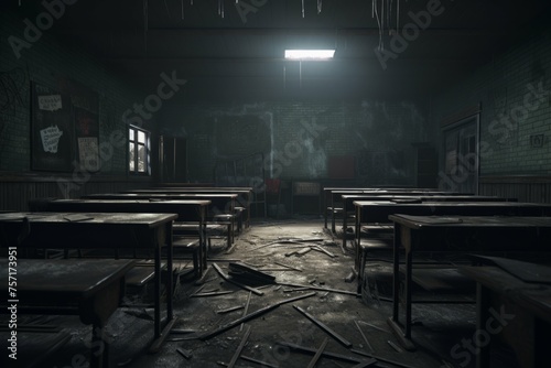 Spooky school with broken chalkboards and empty desks.