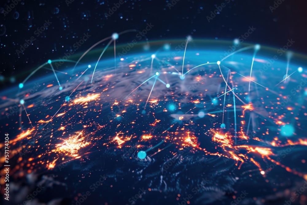 A Dazzling Panorama of Earth at Night With Shimmering City Lights, A holographic projection of global internet connectivity, AI Generated