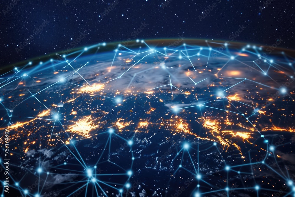 The Earth radiates with a vibrant network of lights, centrally illuminating its surface, A holographic projection of global internet connectivity, AI Generated The Earth radiates with a vibrant network of lights, centrally illuminating its surface, A holographic projection of global internet connectivity, AI Generated