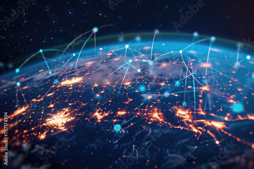 A Dazzling Panorama of Earth at Night With Shimmering City Lights  A holographic projection of global internet connectivity  AI Generated