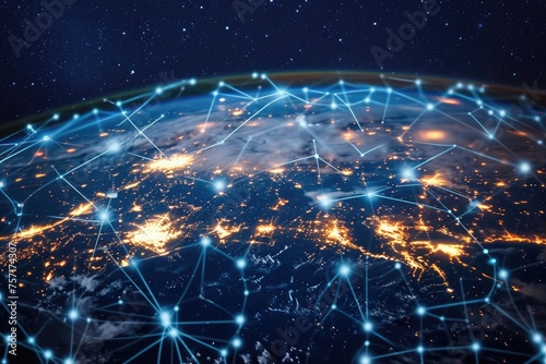 The Earth radiates with a vibrant network of lights, centrally illuminating its surface, A holographic projection of global internet connectivity, AI Generated