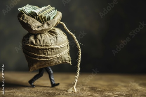 A bag full of money is securely fastened to a string, ensuring its safety during transport or storage, A human figure struggling to carry a bag full of money, symbolizing inflation, AI Generated photo