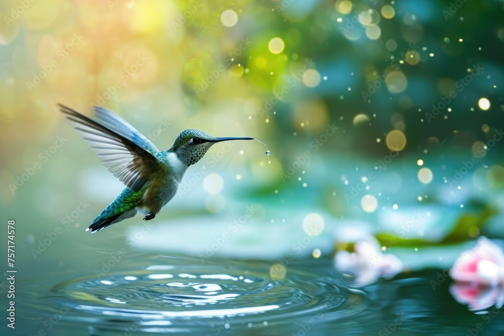 Obraz premium Witness the elegant flight of a hummingbird as it soars over a serene body of water, A hummingbird delicately flying over a pond, peering down at the fish below, AI Generated