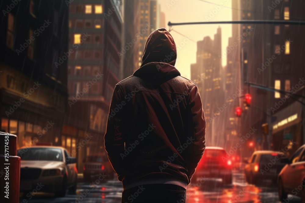 Man in hoodie walking on a graffiti-filled city street