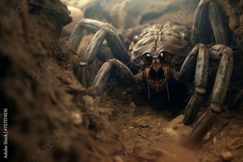 A giant spider crawling out of a hole in the ground. photo