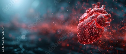 Heart protection by a futuristic guard shield. Abstract red human heart. Health care medical concept. Low poly style Geometric background Wireframe connection structure  illustration. photo