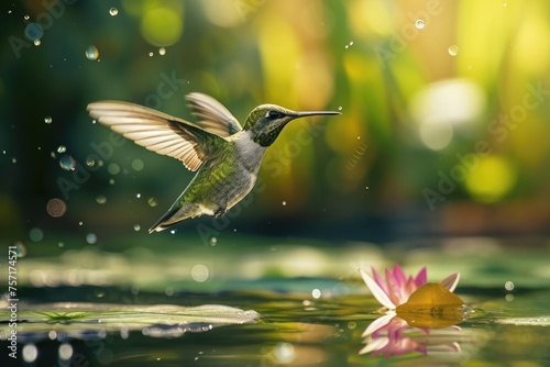 A vibrant hummingbird gracefully hovers over a peaceful pond, with a beautiful flower in the background, A hummingbird delicately flying over a pond, peering down at the fish below, AI Generated