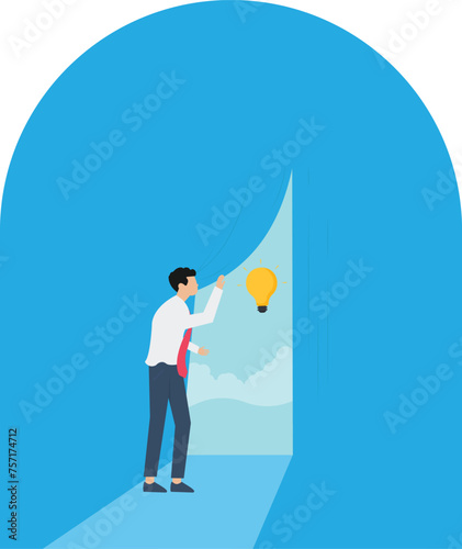 Business creativity and finding solution vector concept with businessman opening Curtain trying to get some new ideas, innovations, inventions

