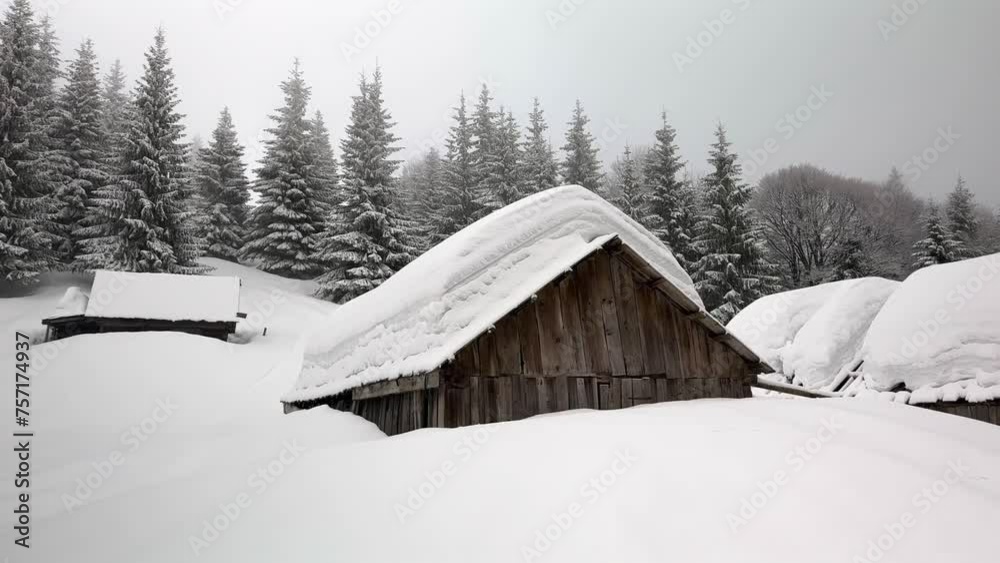 Winter Carpathians, Transcarpathian small farm high in the mountains, a lonely house and two cowsheds, fox tracks on the roof, wild forest all around Winter Carpathians, Transcarpathian small farm high in the mountains, a lonely house and two cowsheds, fox tracks on the roof, wild forest all around