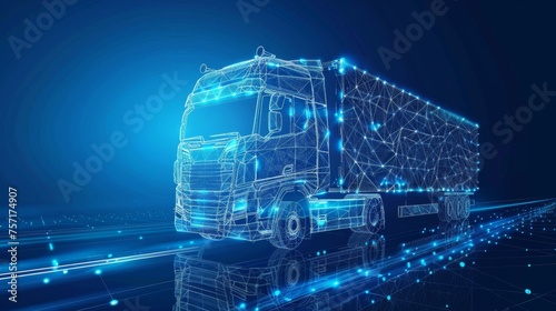Isolated on blue. Abstract 3d heavy lorry van. Highway road. Global freight shipping. Delivery vehicle, digital cargo logistics concept.