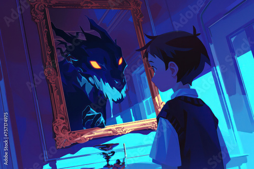 Young Boy Encounters Mystical Dragon Reflection in an Enchanted Mirror, Images for kids, anime