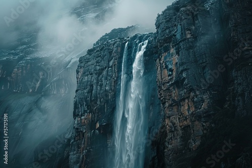 A towering waterfall cascading down the rugged face of a mountain  showcasing natures raw power and beauty. Generative AI