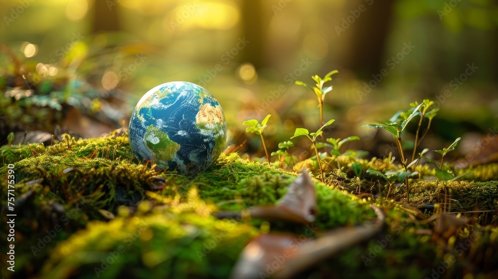 European and African globes on moss in a forest - concept of the environment - obrazy, fototapety, plakaty 