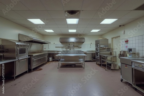 A photo showcasing a large commercial kitchen filled with shiny stainless steel appliances, A larger-than-life panorama of an empty catering kitchen, AI Generated