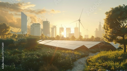 Sustainable energy concept with a beautiful sunset background. Frameless solar panels, battery energy storage facility, wind turbines and a large city with skycrapers at the back.