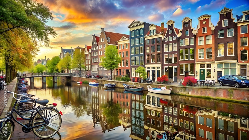 Scenic Amsterdam Canals with Bicycles and Colorful Houses