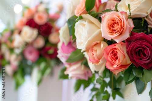 A pristine podium adorned with a vibrant bouquet of roses  each petal crisp and defined.