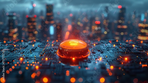 The digital button is on an abstract city background. This is a double exposure of a technology concept. © Zaleman
