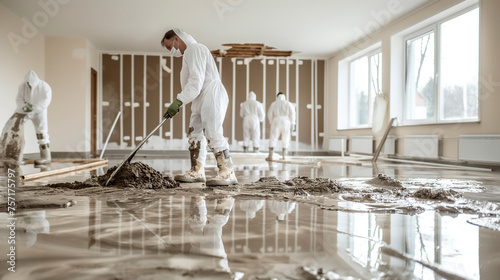A dedicated team of individuals clad in white hazmat suits diligently removes mud and debris from inside a flood-ravaged house, working tirelessly to aid in the post-disaster cleanup efforts