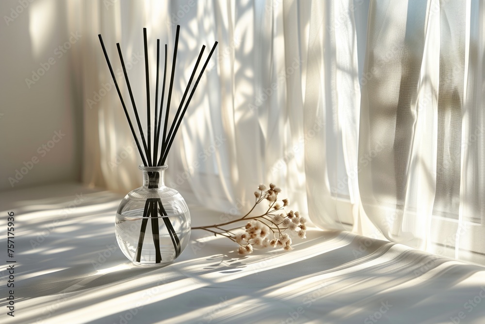 A glass diffuser bottle with black rattan sticks, minimalism, concept quiet luxury. Sunlight from window. Concept aromatherapy and relaxing. Air freshener. Copy space for text.  - obrazy, fototapety, plakaty 
