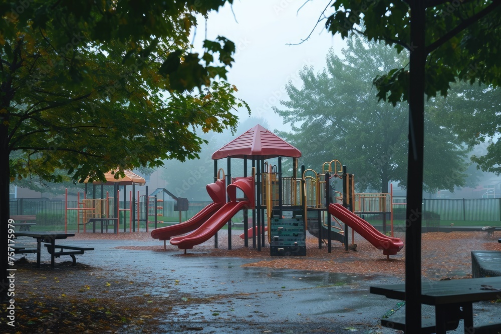 A group of children having fun while playing at a playground on a rainy day, with a bright red umbrella sheltering them, A lively playground during a soft drizzle, AI Generated A group of children having fun while playing at a playground on a rainy day, with a bright red umbrella sheltering them, A lively playground during a soft drizzle, AI Generated