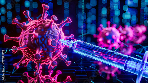 Science and Biology of Viruses, Medical Illustration of Infection and Disease, Red Microscopic View on Blue Background