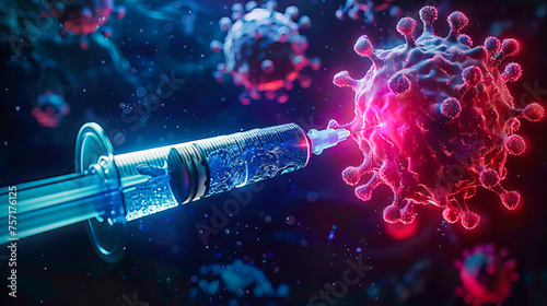 Viral Infection and Science Research, Medical Illustration of Virus Cells, Immune Response and Vaccination Concept