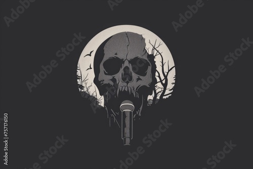 A skull with a microphone symbolizes a haunting performance under the mesmerizing glow of a full moon, A logo design for a true crime podcast with a dark, mysterious aesthetic, AI Generated