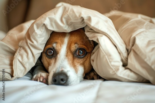 A very cute dog crawled under the covers and touchingly misses his owner. photo