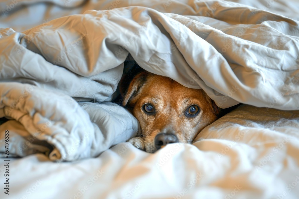 Obraz premium A very cute dog crawled under the covers and touchingly misses his owner.