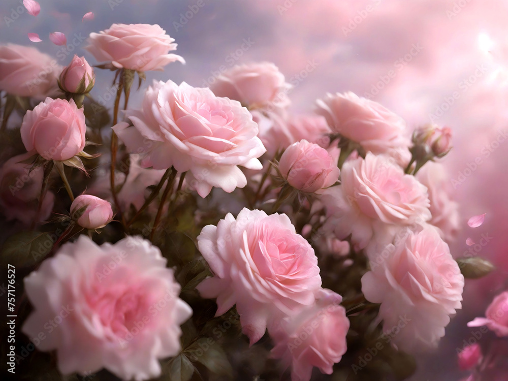 Blooming Garden: Pink Roses and Daisies Under Blue Sky Blooming Garden: Pink Roses and Daisies Under Blue Sky