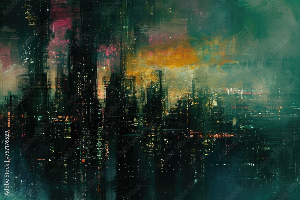 A stunning painting capturing the essence of a cityscape, with towering buildings in the background, A loosely interpreted futuristic cityscape in abstract style, AI Generated A stunning painting capturing the essence of a cityscape, with towering buildings in the background, A loosely interpreted futuristic cityscape in abstract style, AI Generated