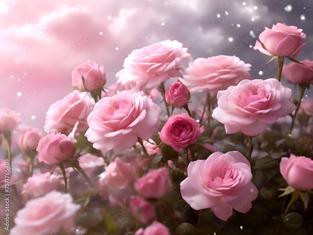 Blooming Garden: Pink Roses and Daisies Under Blue Sky Blooming Garden: Pink Roses and Daisies Under Blue Sky