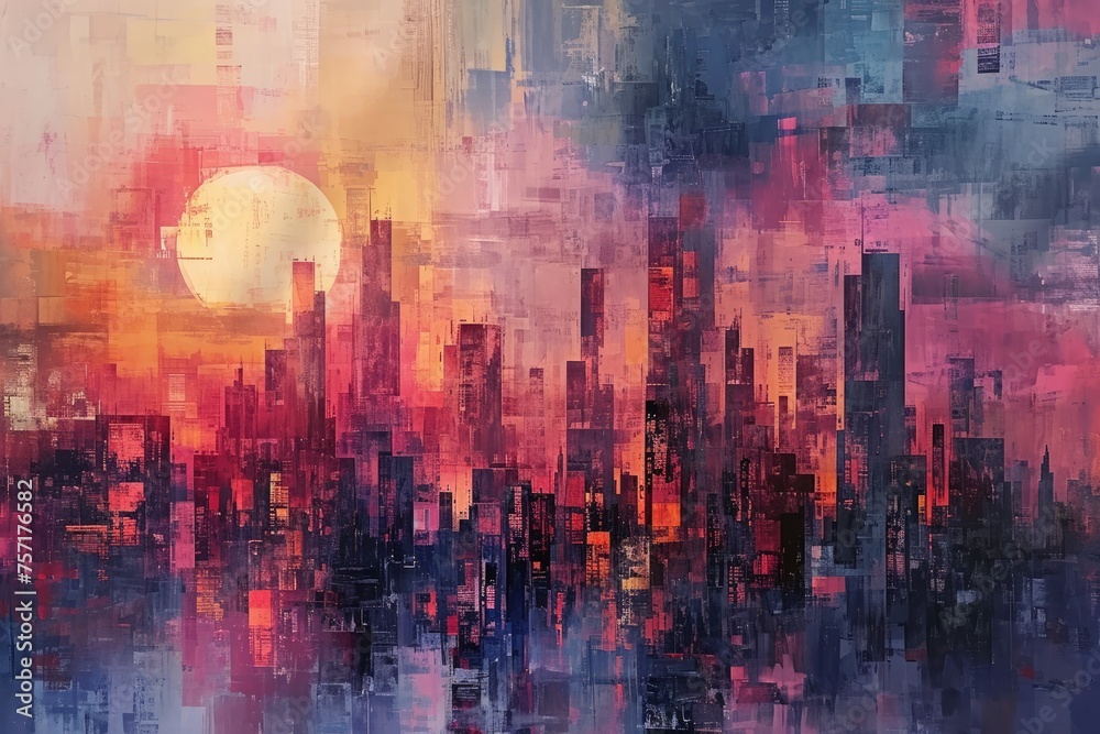 This stunning painting captures the vibrant hues of a city at sunset, showcasing a mesmerizing cityscape, A loosely interpreted futuristic cityscape in abstract style, AI Generated