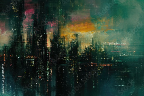 A stunning painting capturing the essence of a cityscape, with towering buildings in the background, A loosely interpreted futuristic cityscape in abstract style, AI Generated