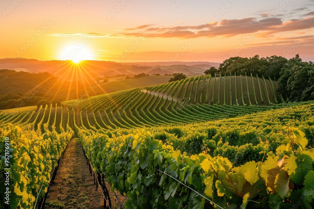 Sun Setting Over Vineyard, Tranquil Image of Natures Beauty Captured in the Golden Hour, A lush vineyard bathed in the warm orange glow of a setting sun, AI Generated