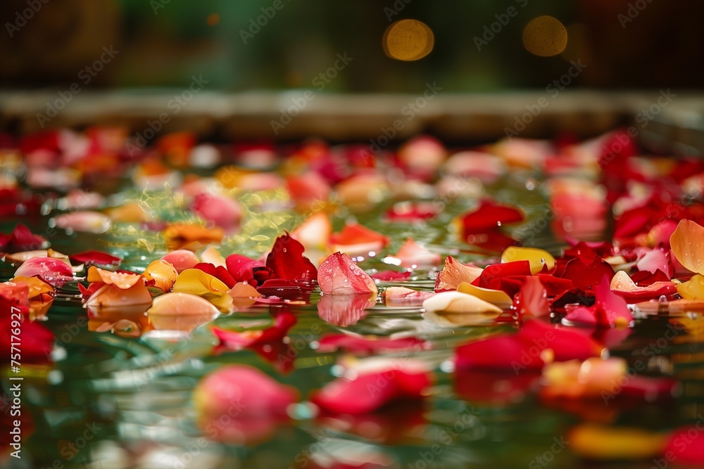 A symphony of colors as rose petals gently fall onto the pristine surface of a podium.