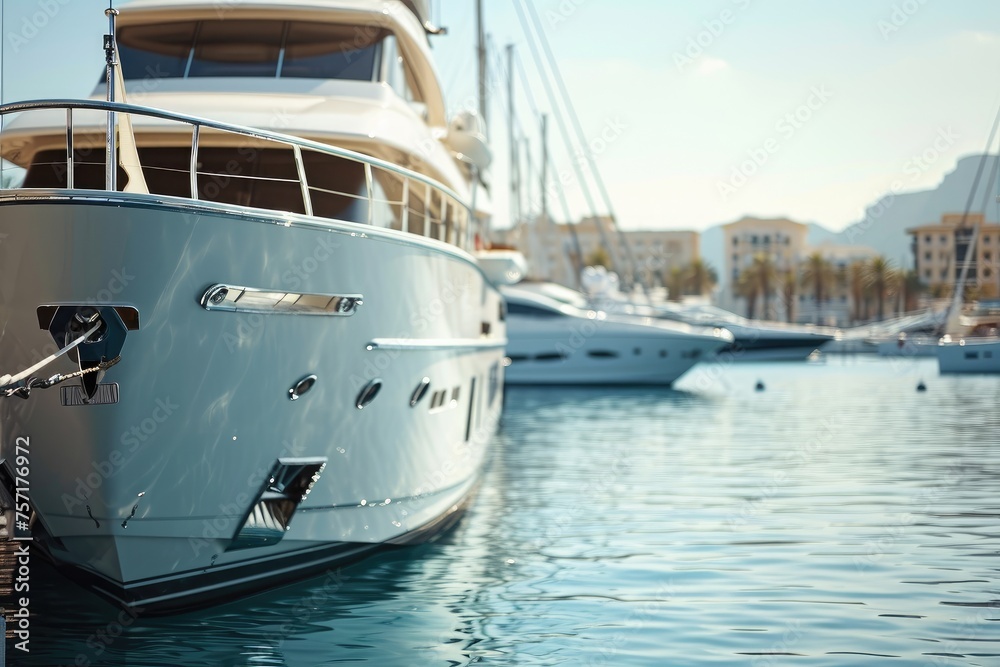 A stunning large white boat rests peacefully in the harbor, blending with the serene beauty of the waterfront, A luxury electric yacht docked in a marina, AI Generated