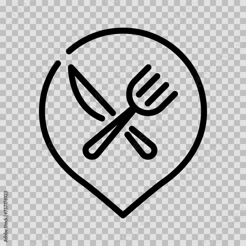 Pin on map for eat icon vector editable stroke, Food delivery line symbol, Location caffe, restaurant or lunch point on the road sign outline on transparent background.