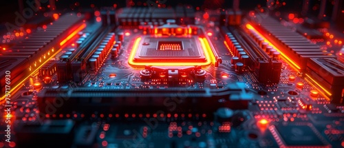 Upgrade or repair of gaming computer in the dark with neon lights on the CPU, cooler, RAM boards. Configuration or repair of the hardware of the gaming computer. Services for computer repair and