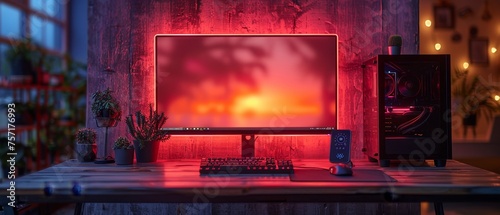 Dark game console computer with a neon-lit case and an empty monitor on the desk. Computer with a blank screen. Gaming rig with LED lights.