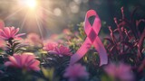 Glowing Pink Ribbon of Hope Among Blooms - Symbolizing Cancer Awareness - Generative AI