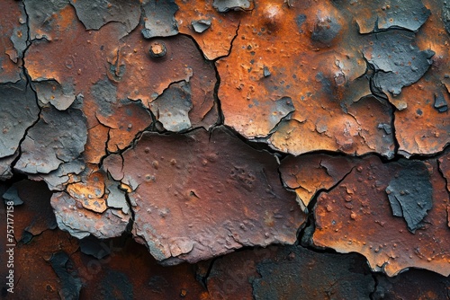 This photo captures a detailed view of a rusted metal surface, displaying the intricate textures and colors formed by corrosion, A macro study of a rusted metal surface, AI Generated