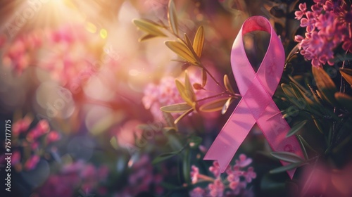Glowing Pink Ribbon of Hope Among Blooms - Symbolizing Cancer Awareness - Generative AI