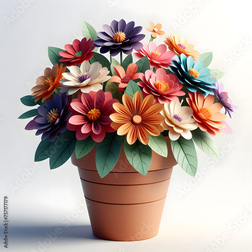 Pot of flowers, paper flowers, isolated on  a White background, 3d render photo