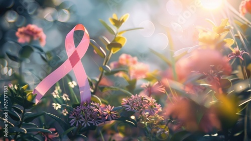 Glowing Pink Ribbon of Hope Among Blooms - Symbolizing Cancer Awareness - Generative AI