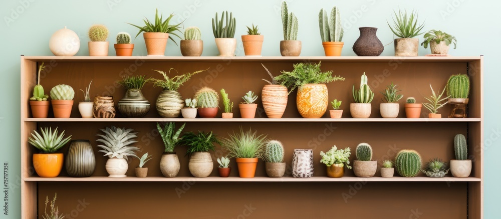 A variety of potted plants in flowerpots of different shapes and sizes are displayed on rectangular hardwood shelving, adding a touch of nature to the interior design