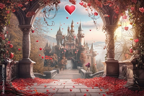 Castle Surrounded by Roses, Majestic Painting of a Medieval Stronghold in a Sea of Blooms, A magical fairy-tale castle backdrop for a Valentine's Day scene, AI Generated